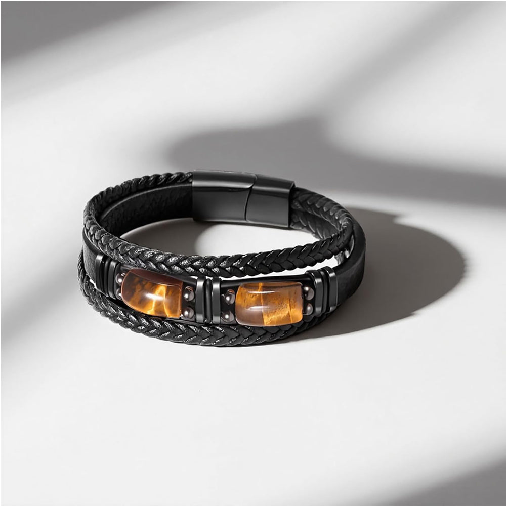 Natural Tiger Eye Stone Bracelet – Healing Crystal Leather Braided Bracelet Gift - Accrosstheglobe Store