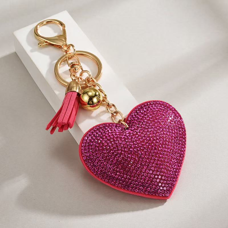Heart-Shaped Rhinestone Leather Keychain with Tassels – Sparkling Bag Charm - Accrosstheglobe Store