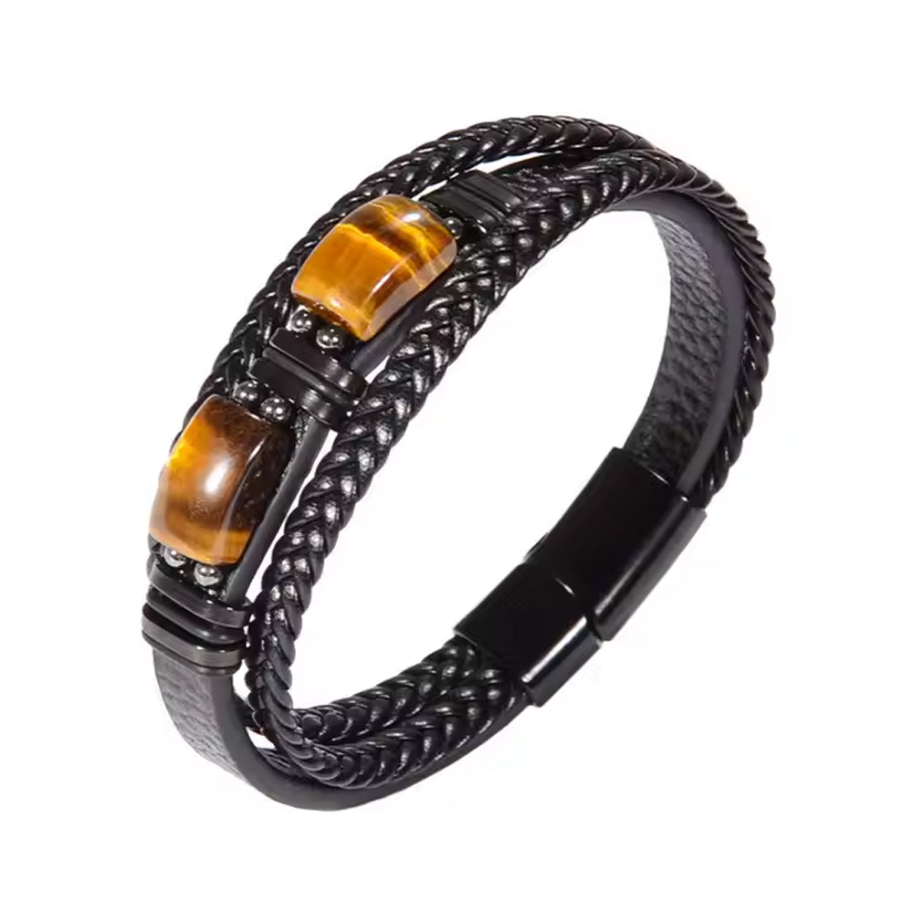 Natural Tiger Eye Stone Bracelet – Healing Crystal Leather Braided Bracelet Gift - Accrosstheglobe Store