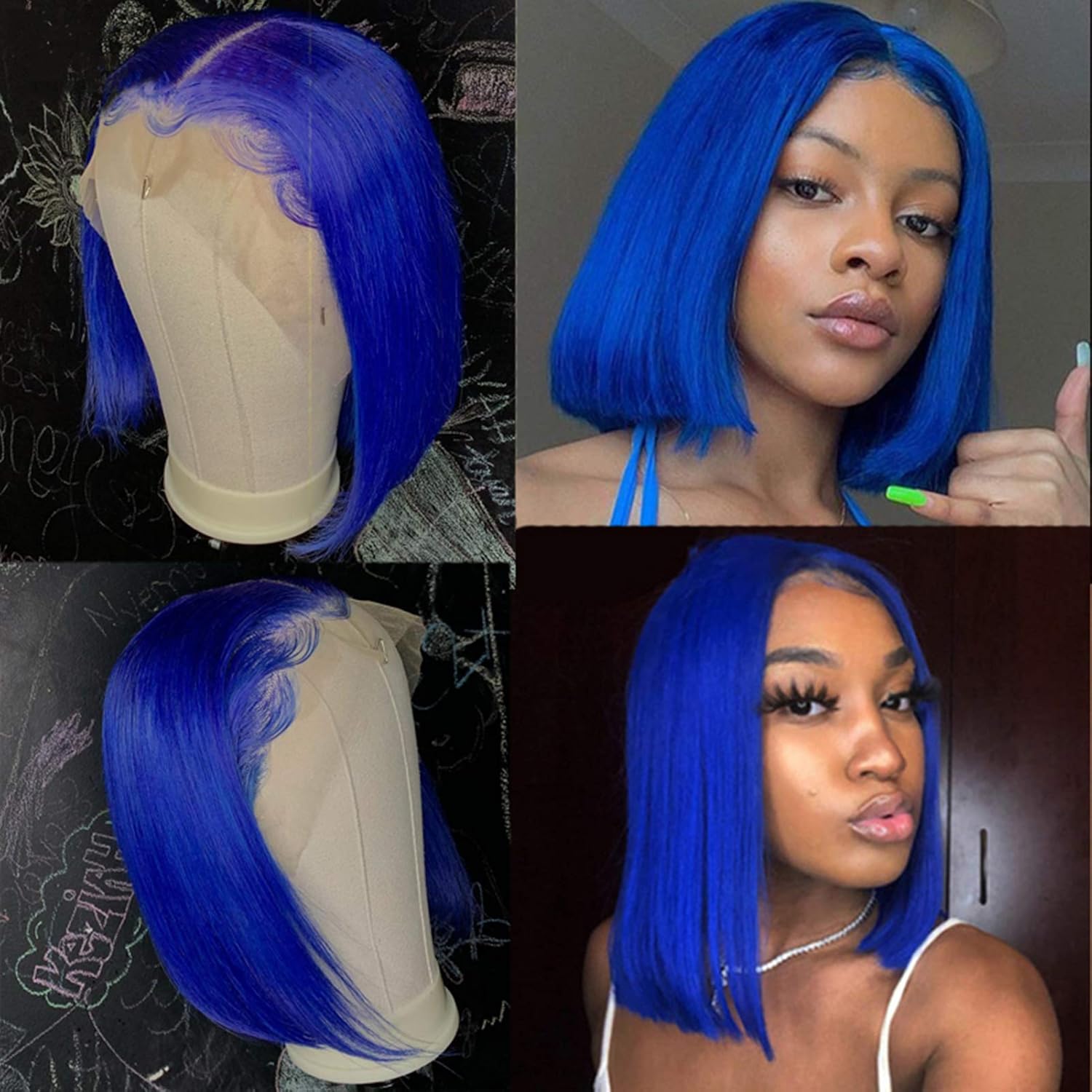 13x4 Lace Front Bob Human Hair Wig – Straight Blue, 10 Inch, 150 Density - Accrosstheglobe Store