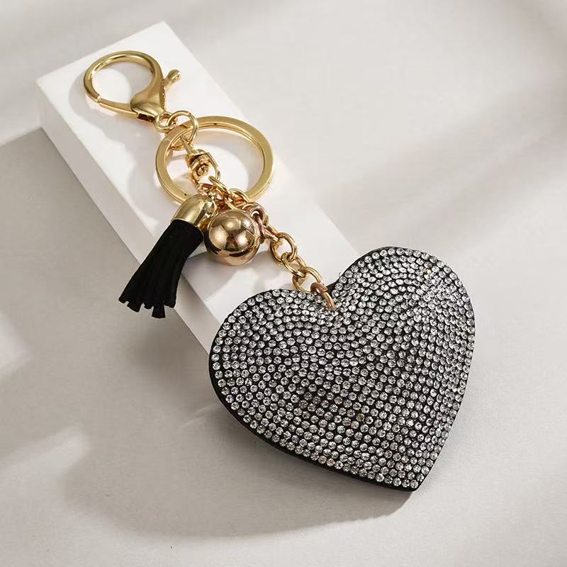Heart-Shaped Rhinestone Leather Keychain with Tassels – Sparkling Bag Charm - Accrosstheglobe Store