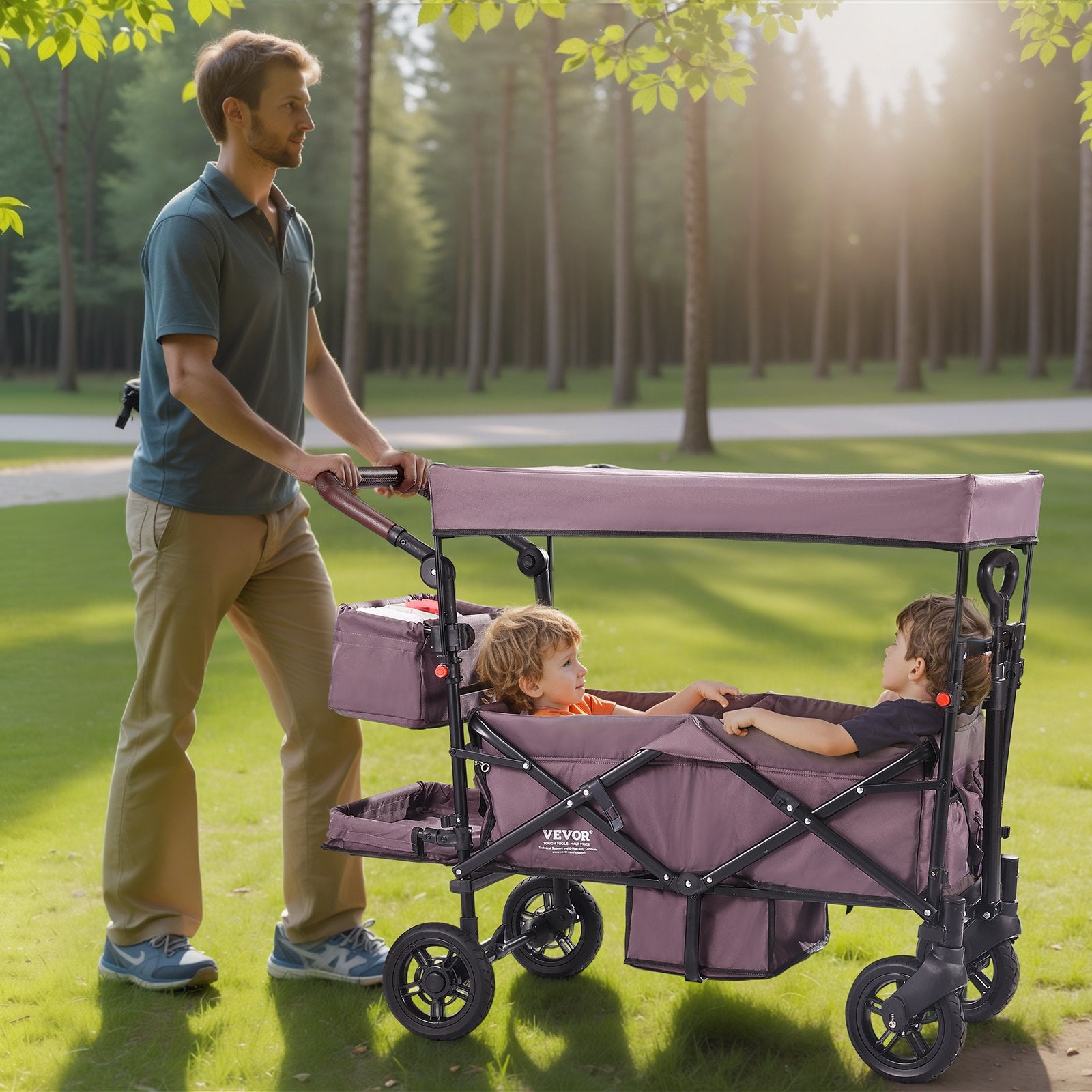 Collapsible Wagon Stroller for 2 Kids – 4 Wheels & Canopy - Accrosstheglobe Store