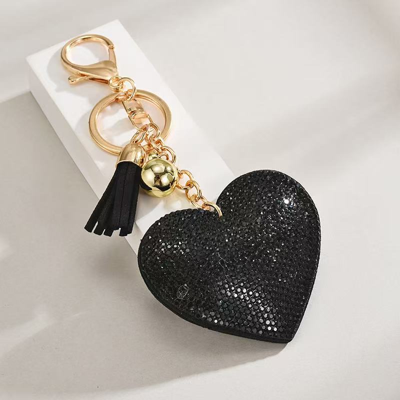 Heart-Shaped Rhinestone Leather Keychain with Tassels – Sparkling Bag Charm - Accrosstheglobe Store