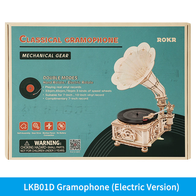 Robotime ROKR DIY Hand Crank Gramophone 3D Wooden Puzzle – Classic Music Model LKB01
