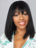 12 Inch Natural Black Short Bob Wig With Bangs – Light Yaki Straight Synthetic - Accrosstheglobe Store