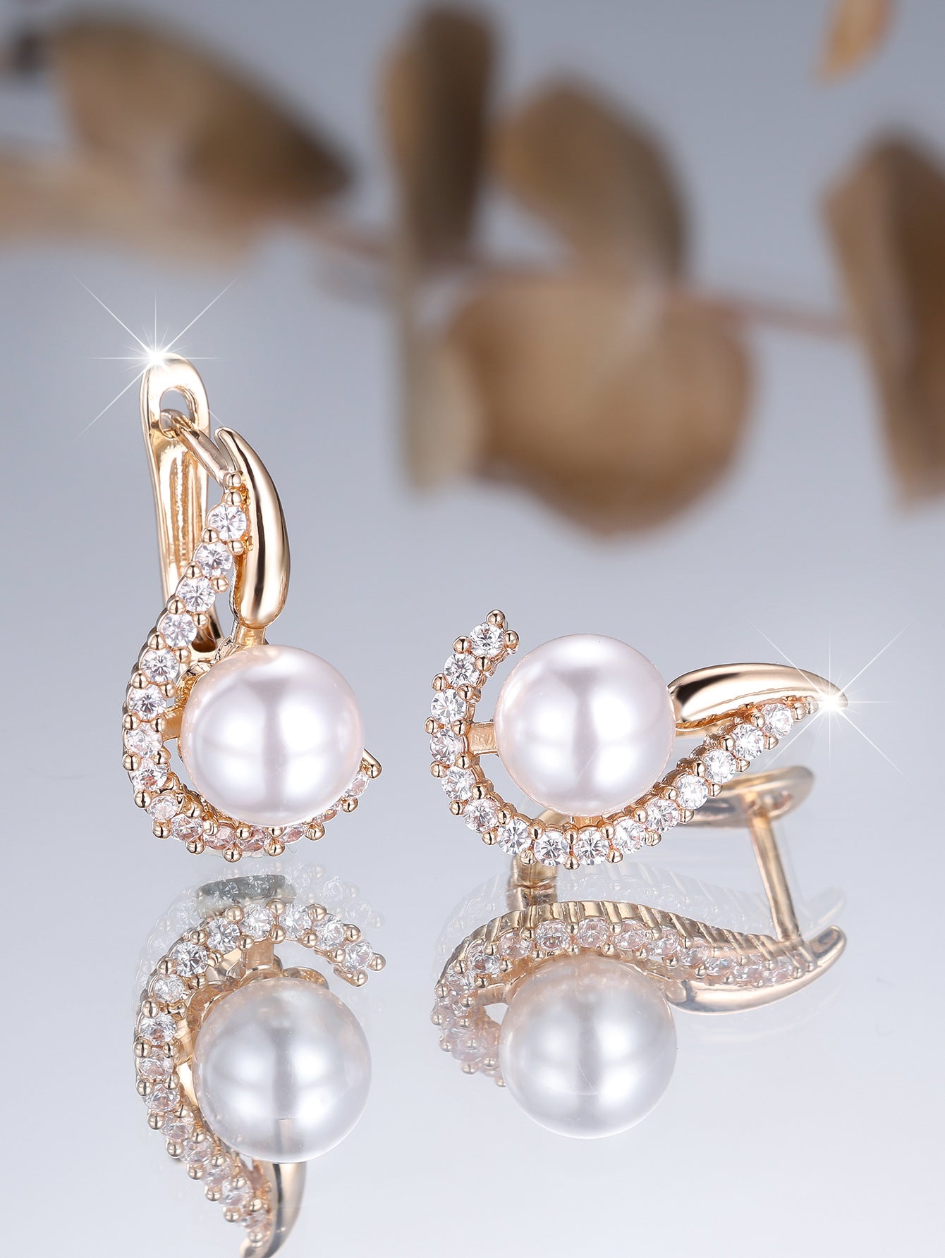 Champagne Gold Pearl & White Diamond Earrings – Elegant Round Drop Earrings for Women - Accrosstheglobe Store