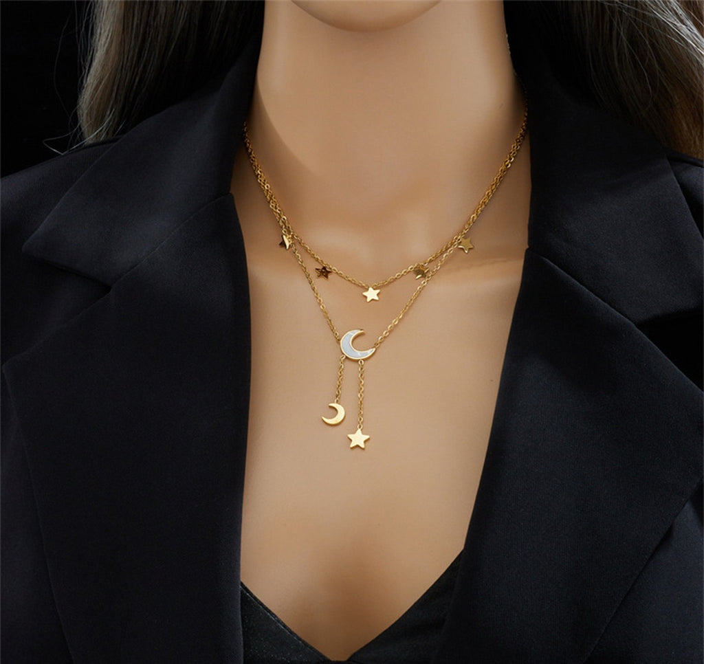 Moon & Stars Layered Gold Chain Necklace – Astrology Jewelry for Women - Accrosstheglobe Store