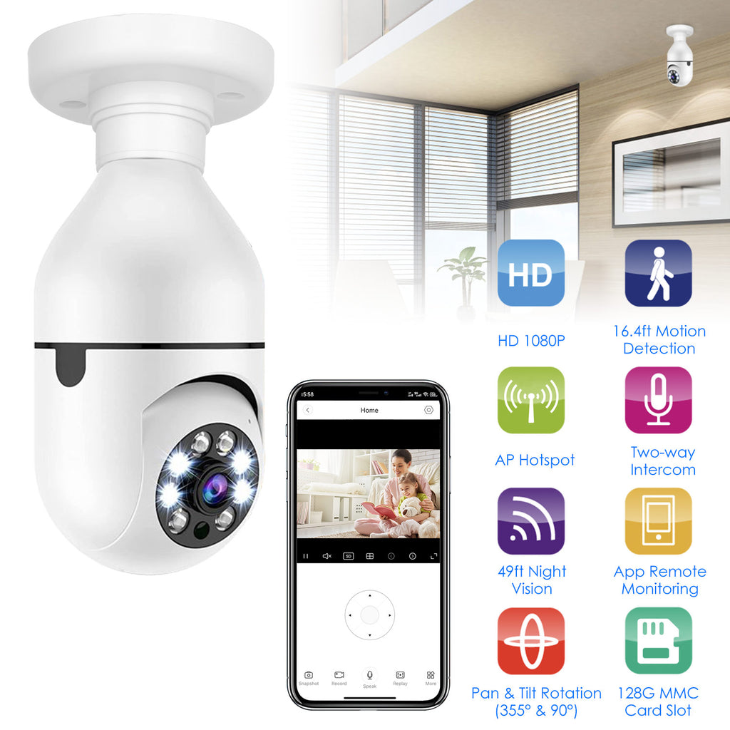 E27 WiFi Bulb Security Camera – 1080P FHD Pan Tilt with Two-Way Audio & Night Vision - Accrosstheglobe Store