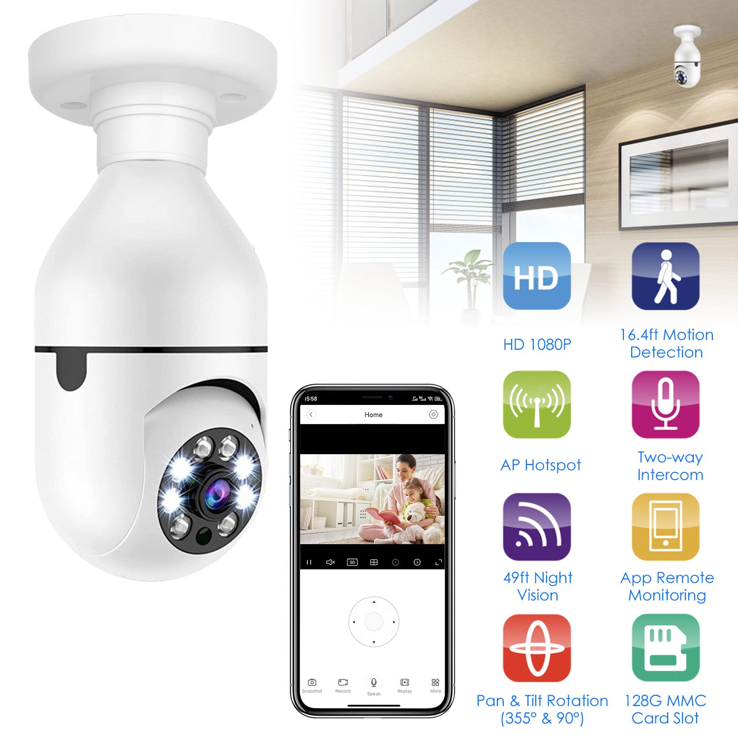 E27 WiFi Bulb Security Camera – 1080P FHD Pan Tilt with Two-Way Audio & Night Vision - Accrosstheglobe Store