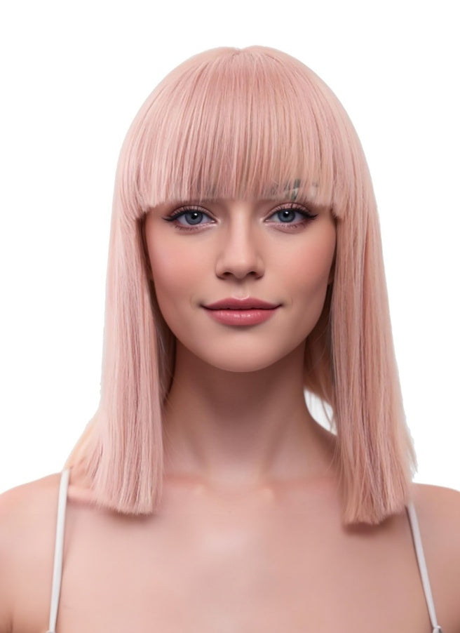12 Inch Natural Black Short Bob Wig With Bangs – Light Yaki Straight Synthetic - Accrosstheglobe Store