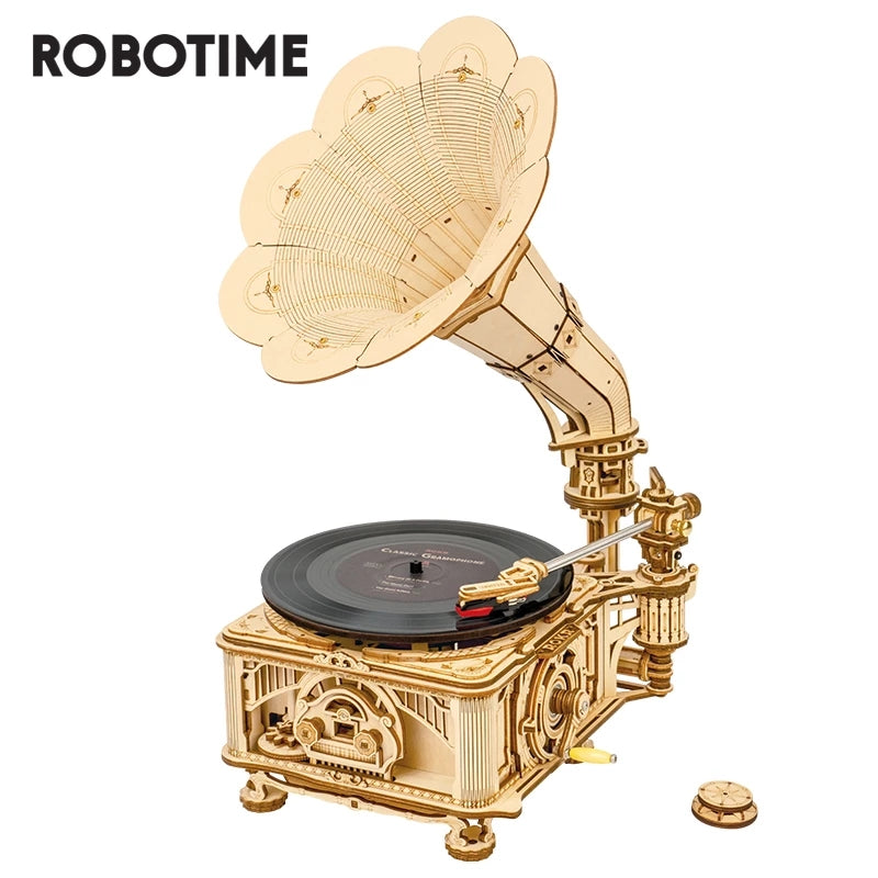 Robotime ROKR DIY Hand Crank Gramophone 3D Wooden Puzzle – Classic Music Model LKB01