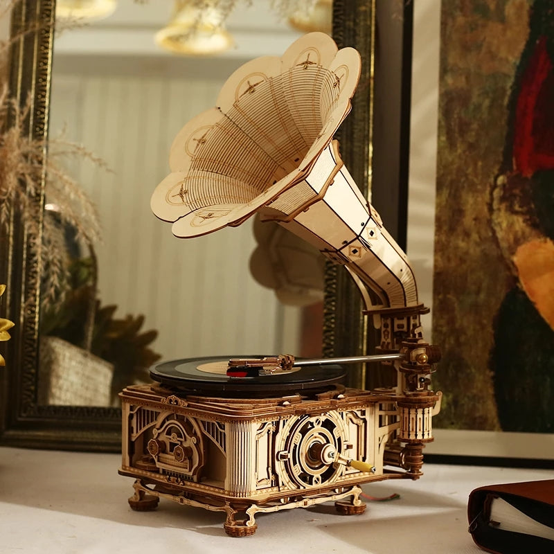 Robotime ROKR DIY Hand Crank Gramophone 3D Wooden Puzzle – Classic Music Model LKB01
