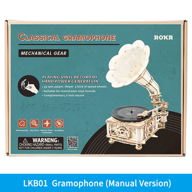 Robotime ROKR DIY Hand Crank Gramophone 3D Wooden Puzzle – Classic Music Model LKB01
