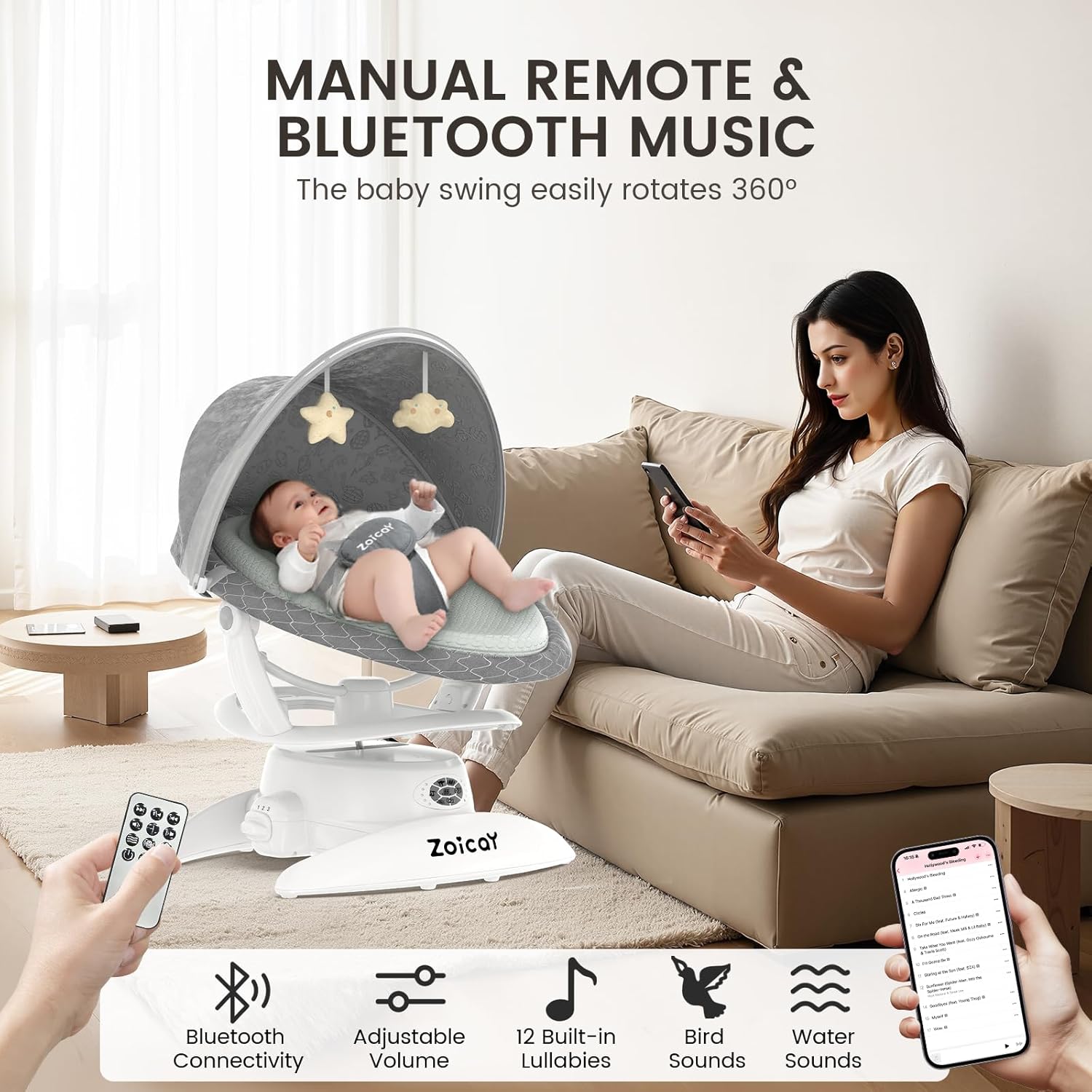 Electric Baby Swing with Motion Detection – 3 Swing Modes, 12 Lullabies & 5 Speeds