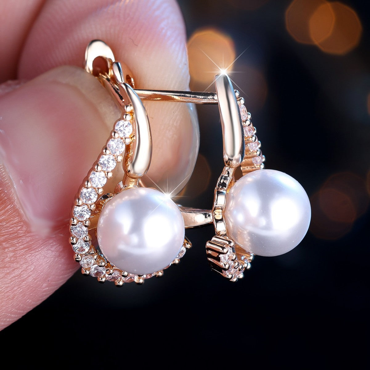 Champagne Gold Pearl & White Diamond Earrings – Elegant Round Drop Earrings for Women - Accrosstheglobe Store
