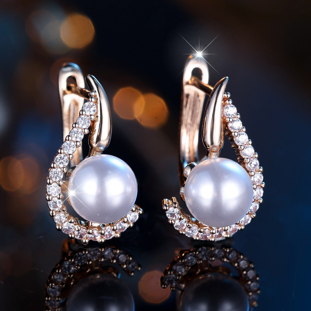 Champagne Gold Pearl & White Diamond Earrings – Elegant Round Drop Earrings for Women - Accrosstheglobe Store