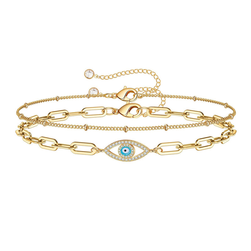 14K Gold Filled Dainty Layered Bracelet – Adjustable Oval Chain Bar Bracelet for Women - Accrosstheglobe Store