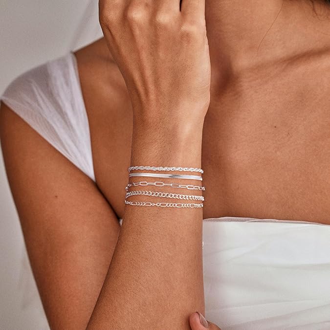 5-Piece 14K Silver Plated Dainty Bracelet Set – Adjustable Stackable Women’s Bracelets - Accrosstheglobe Store