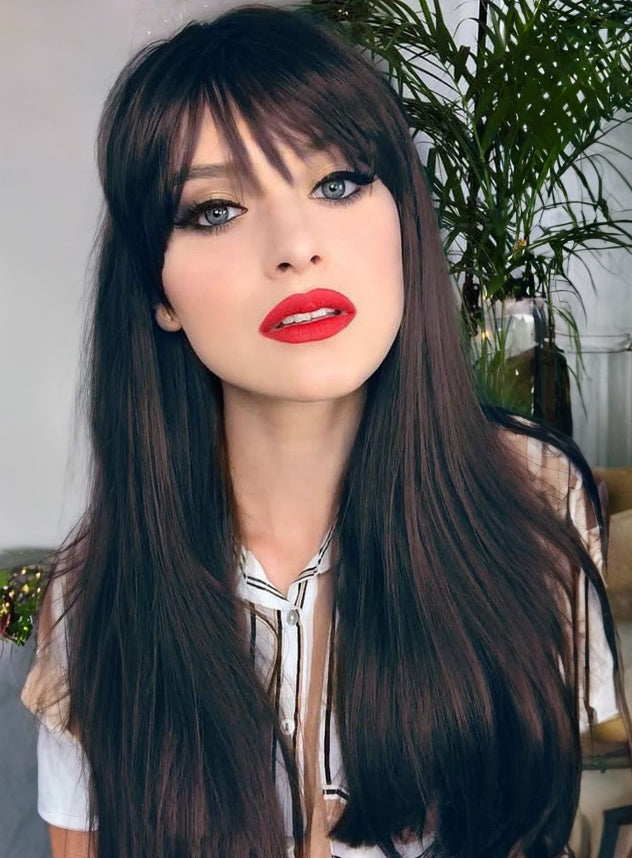 24 Inch Natural Black Layered Synthetic Wig With Bangs – Shoulder Length - Accrosstheglobe Store
