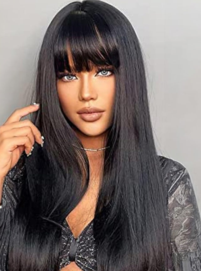 24 Inch Natural Black Layered Synthetic Wig With Bangs – Shoulder Length - Accrosstheglobe Store