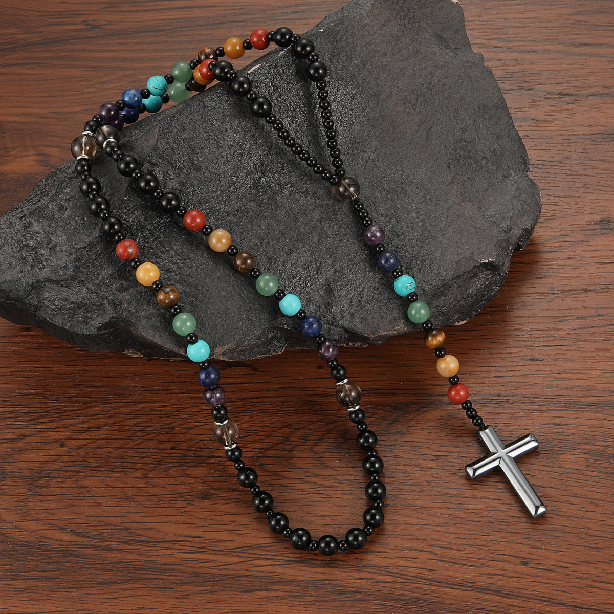 Colorful Natural Stone Cross Rosary Necklace – Fashionable Beaded Prayer Necklace - Accrosstheglobe Store