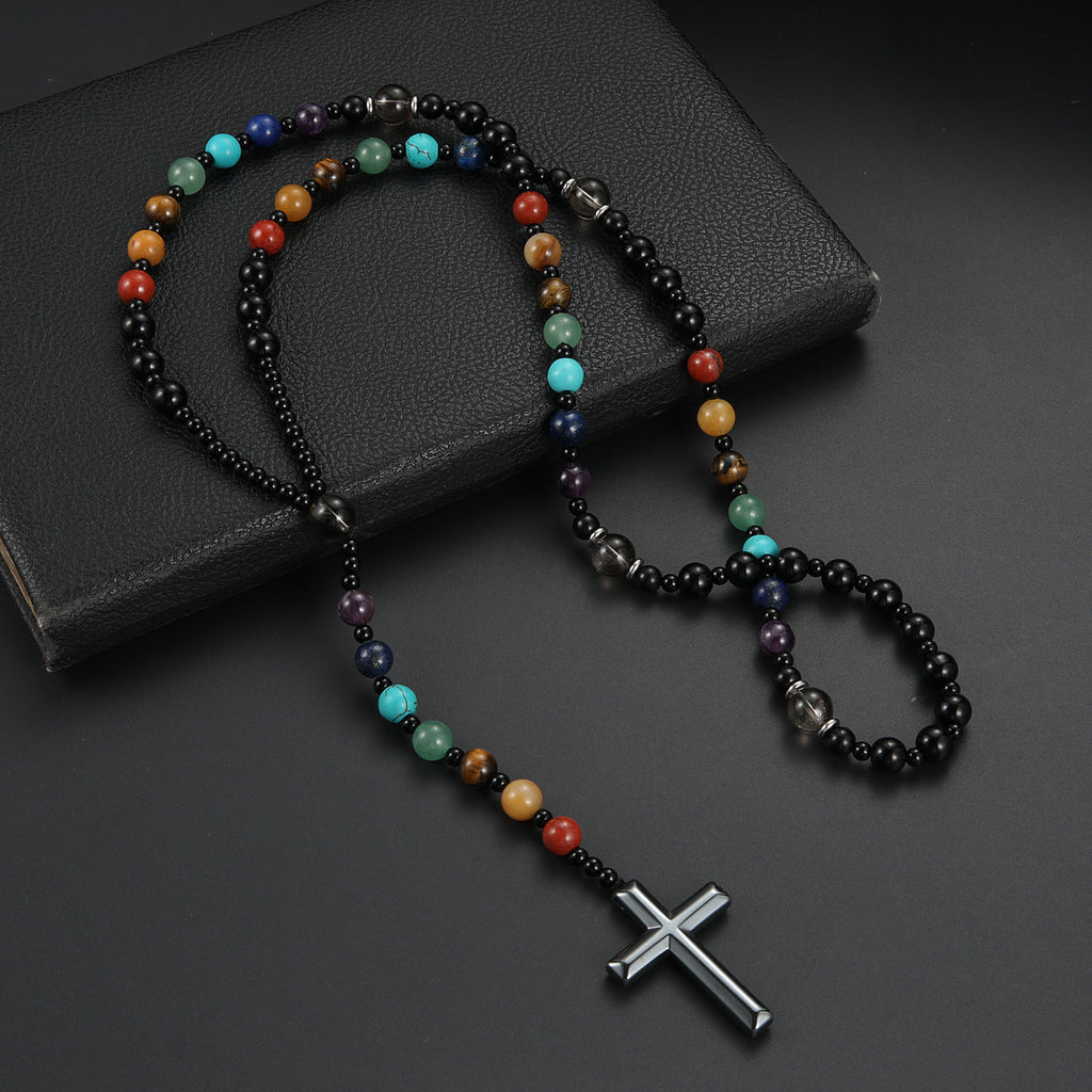 Colorful Natural Stone Cross Rosary Necklace – Fashionable Beaded Prayer Necklace - Accrosstheglobe Store