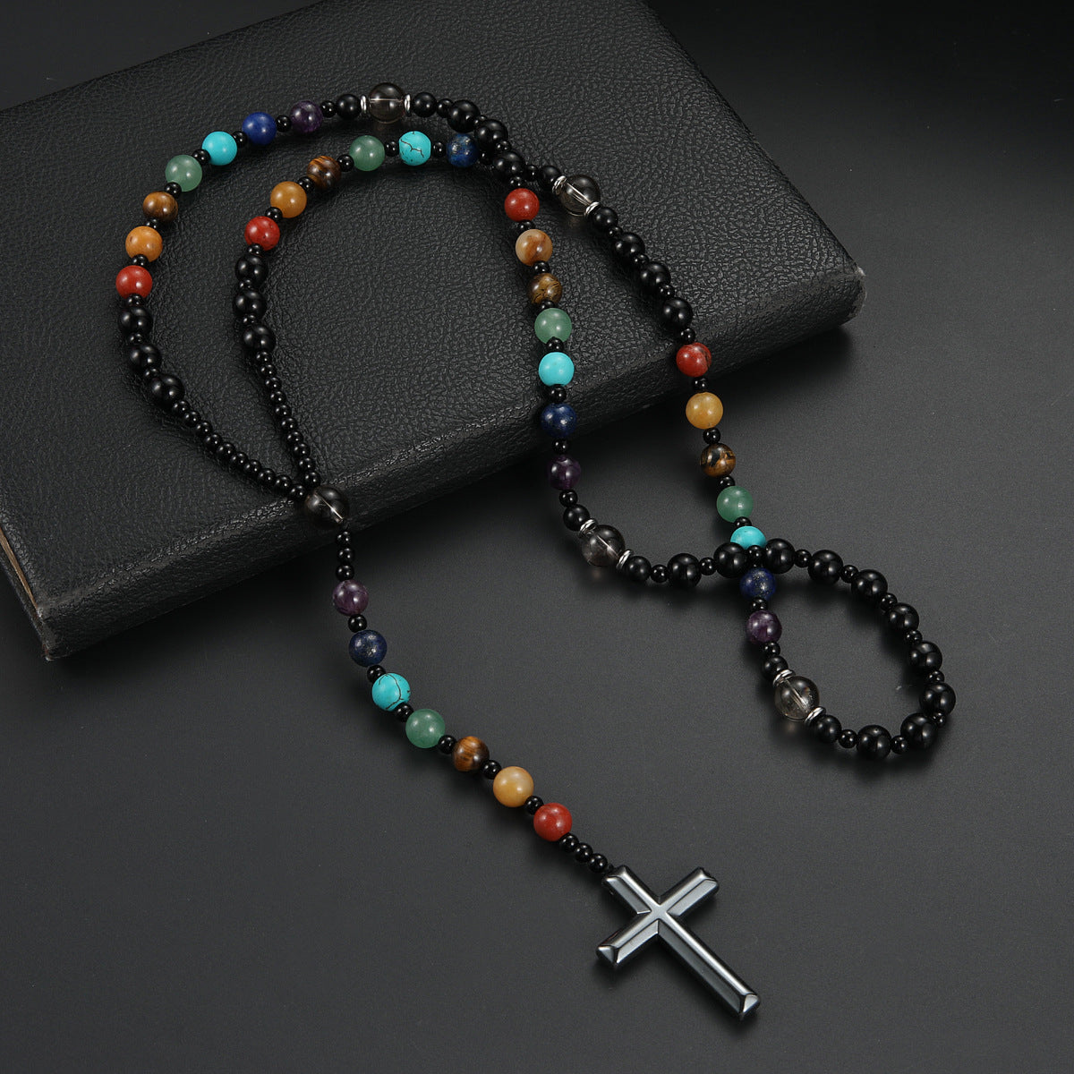 Colorful Natural Stone Cross Rosary Necklace – Fashionable Beaded Prayer Necklace - Accrosstheglobe Store