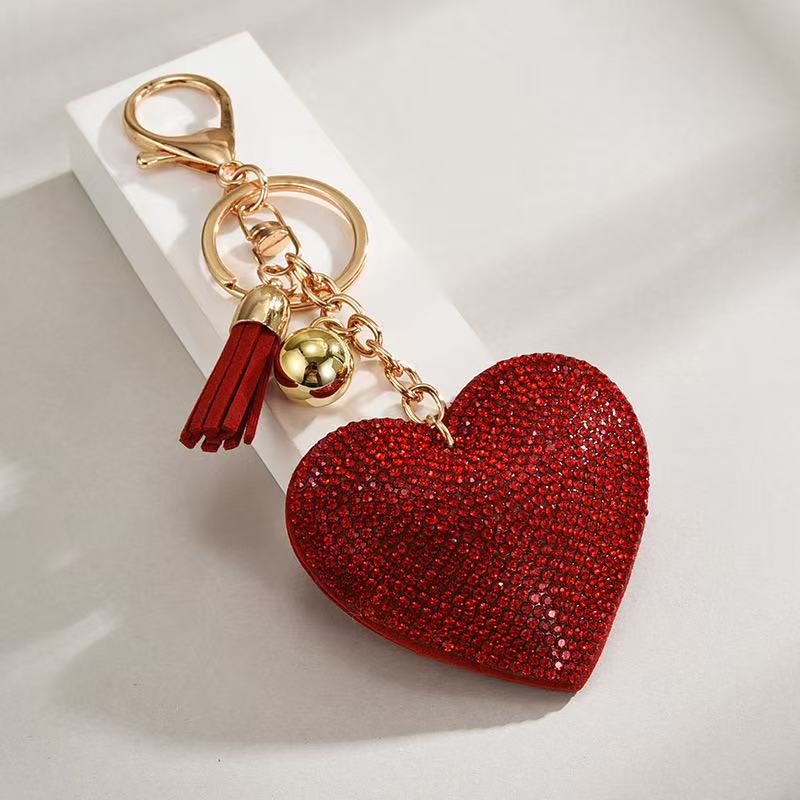 Heart-Shaped Rhinestone Leather Keychain with Tassels – Sparkling Bag Charm - Accrosstheglobe Store