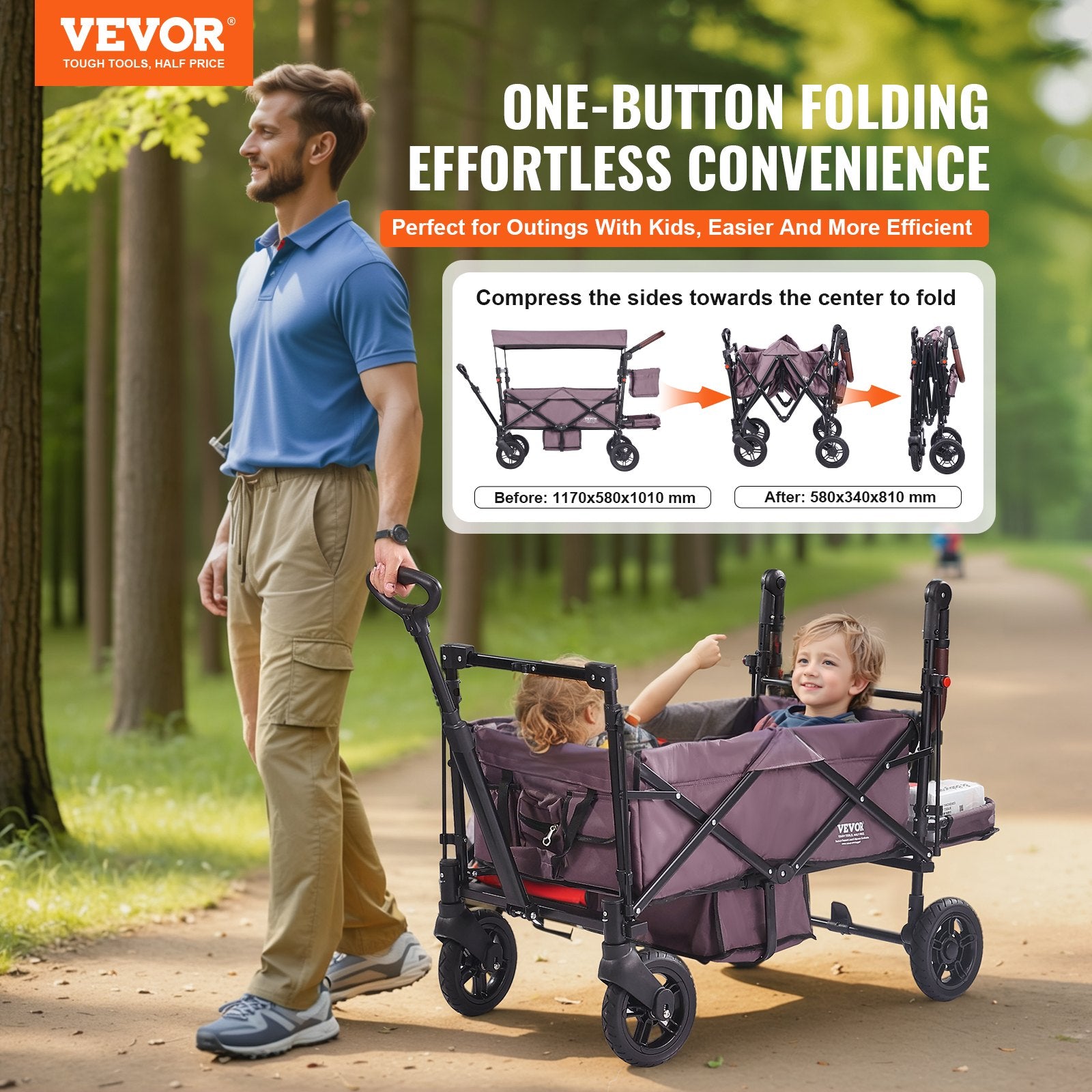 Collapsible Wagon Stroller for 2 Kids – 4 Wheels & Canopy - Accrosstheglobe Store