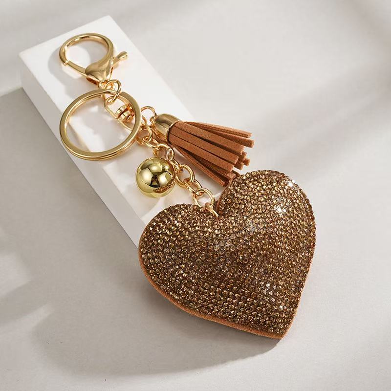 Heart-Shaped Rhinestone Leather Keychain with Tassels – Sparkling Bag Charm - Accrosstheglobe Store