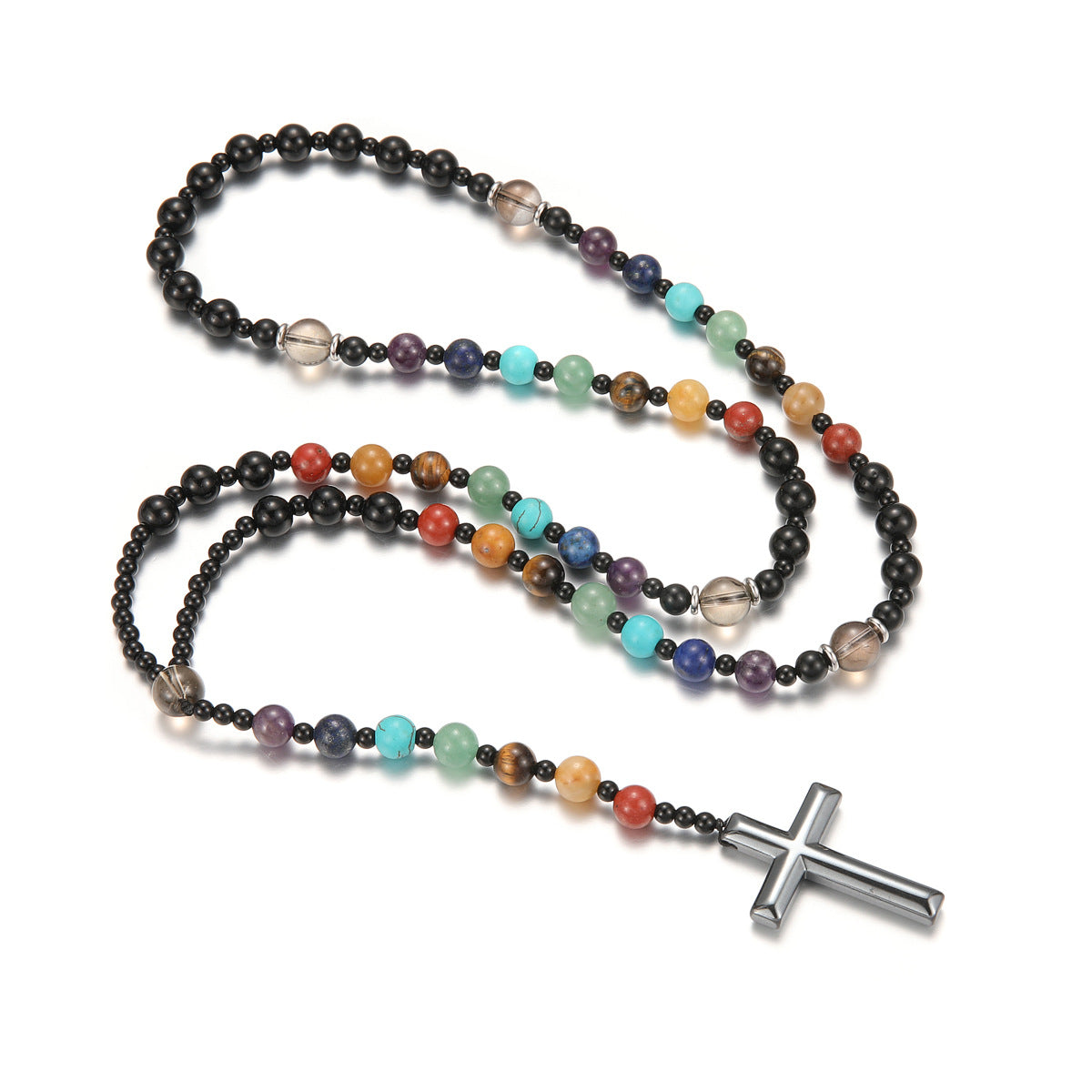 Colorful Natural Stone Cross Rosary Necklace – Fashionable Beaded Prayer Necklace - Accrosstheglobe Store