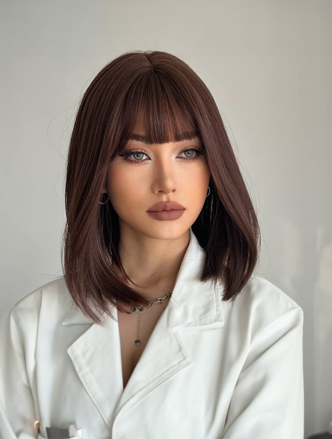 12 Inch Natural Black Short Bob Wig With Bangs – Light Yaki Straight Synthetic - Accrosstheglobe Store